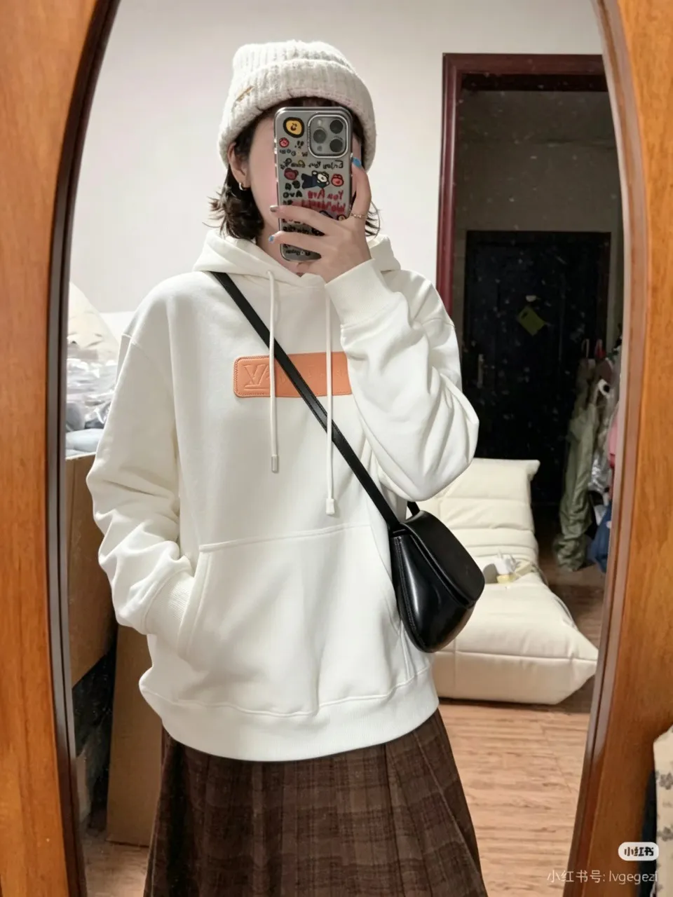Louis Vuitton/Louis Vuitton embossed leather logo hooded sweatshirt